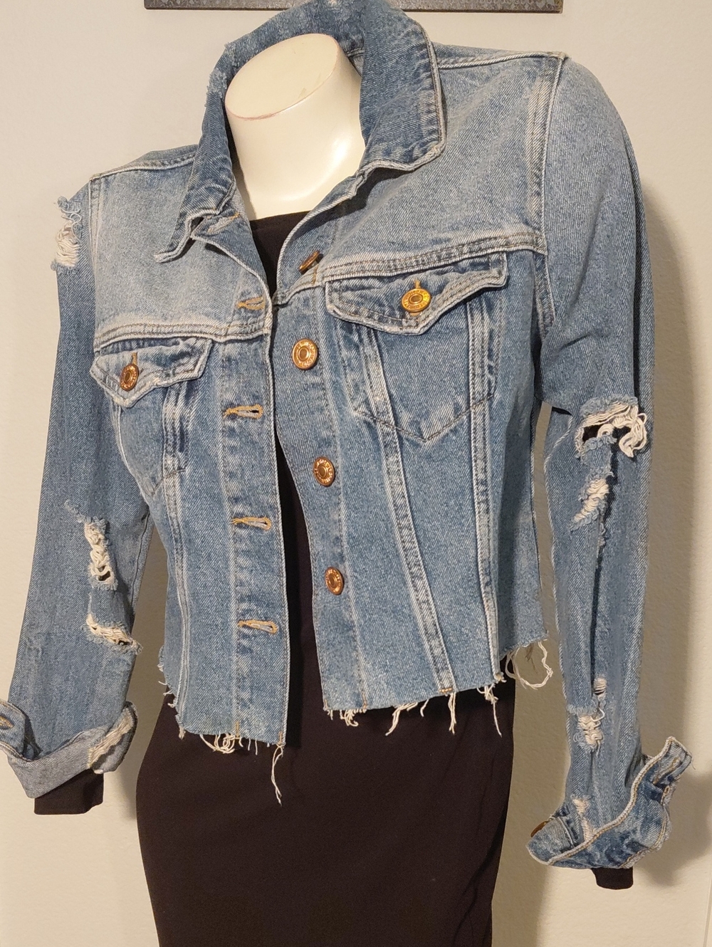 Forever 21 Light Blue Distressed Cropped Denim Jacket with Gold Buttons